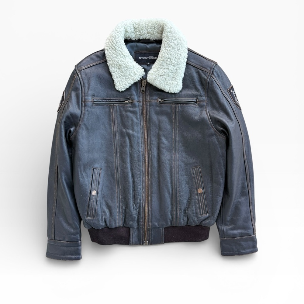 Vintage European Transmission Leather Bomber Jacket Sherpa Collar Men’s Large